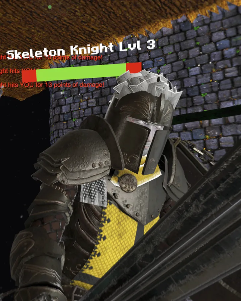 An armoured skeleton knight in a yellow tabard squares up, with its name, level and health bar floating above it, captured on Apple Vision Pro.