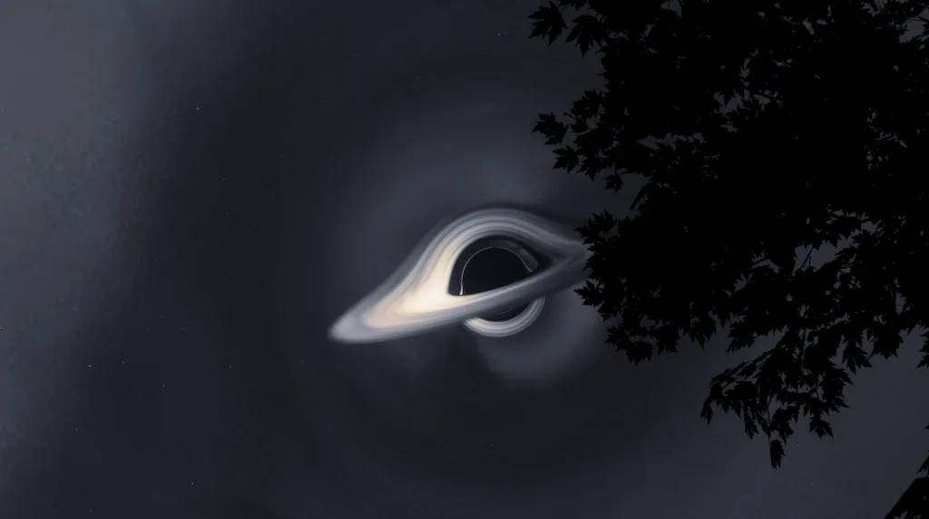 A black hole in the night sky: a glowing disc of gas bent up over a black shadow and back under it by the hole's own gravity, beside the black silhouette of maple leaves.