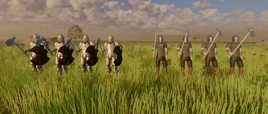 Eight guards in two liveries stand in a row in tall grass, lit by a low evening sun: four knights with round shields and hammers on the left, four halberdiers in dark tabards on the right.