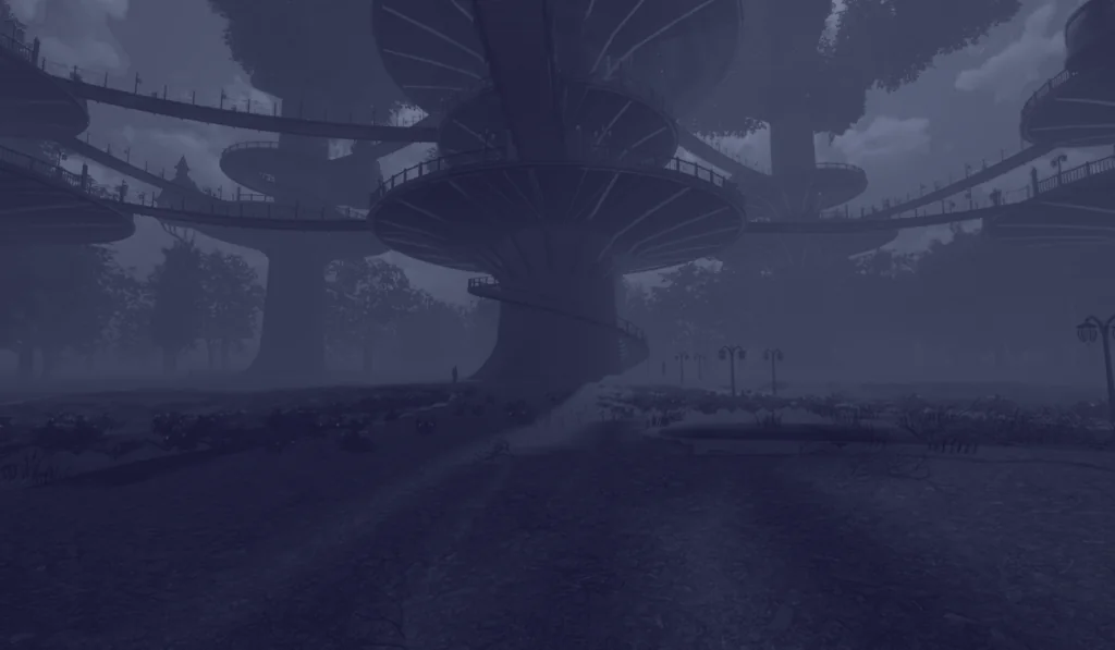Giant trees at night rise out of mist, their trunks ringed by tiers of round wooden decks with railings, linked by long rope-railed bridges and a stair spiralling round the nearest trunk; lamp posts stand along a path below.