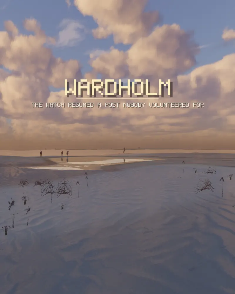 The name WARDHOLM in pale capitals, with the line “The watch resumed a post nobody volunteered for” beneath it, over a sandy shore under heaped golden cloud.