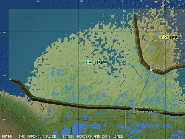 The game’s map of the Wardholm slice: The Mire in the middle and Wardholm to the north-east, with dark zone lines drawn across the land between them.